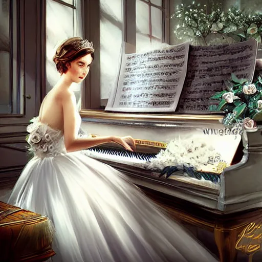Prompt: a princess in a white wedding dress playing piano, Digital art, by wlop,highly detailed