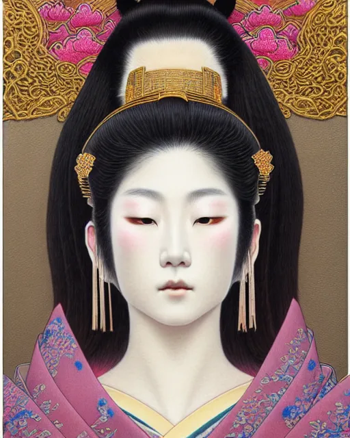 Image similar to portrait of a beautiful japanese goddess, enigmatic beauty, esoteric, muted colors, head in focus, fantasy art, ornamental aesthetics intricate, elegant, highly detailed, hyperrealistic painting, artstation, concept art, painterly, sharp focus, illustration, art by chie yoshii