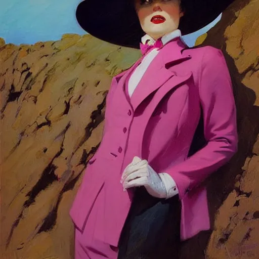 Prompt: an attractive female in a pink suit and tie, standing on a cliff, wearing a tophat, looking out at a pink ocean, by jc leyendecker!! phil hale!, angular, brush strokes, painterly, vintage, crisp