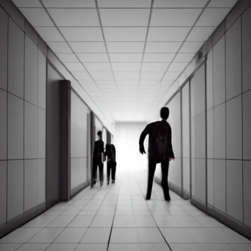 Prompt: a creepy photo of a human like creature standing in the hallway with an uncanny valley feel to it