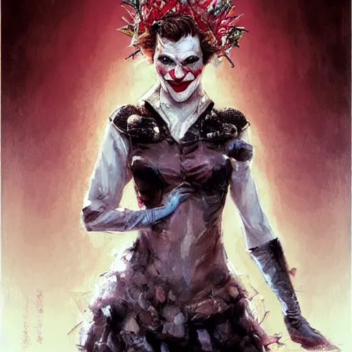 Image similar to joker as an attractive young smiling woman played by milla jovovich wearing a mushroom crown and heavy armoured wedding dress, face portrait, hd shot, digital portrait, elegant, beautiful, fantasy art, artstation, comic style, by artgerm, guy denning, jakub rozalski, magali villeneuve and charlie bowater