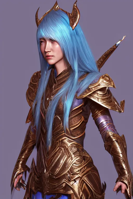 Image similar to a beautiful and highly detailed digital illustration of a female elven paladin with blue hair in rose gold armor, a digital painting by lu ji and huang guangjian, cgsociety, fantasy art, cryengine, concept art, photorealism, daz 3 d, sketchfab, zbrush