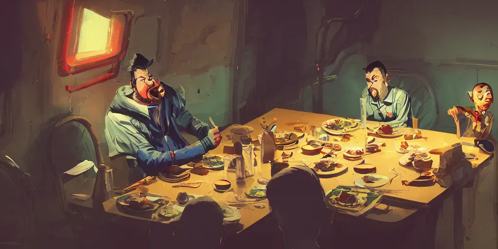 Prompt: cartoonish van morrison eating dinner, vivid colors, character sheet, fine details, concept design, contrast, kim jung gi, greg rutkowski, trending on artstation, 8 k, full body, turnaround, front view, back view, ultra wide angle