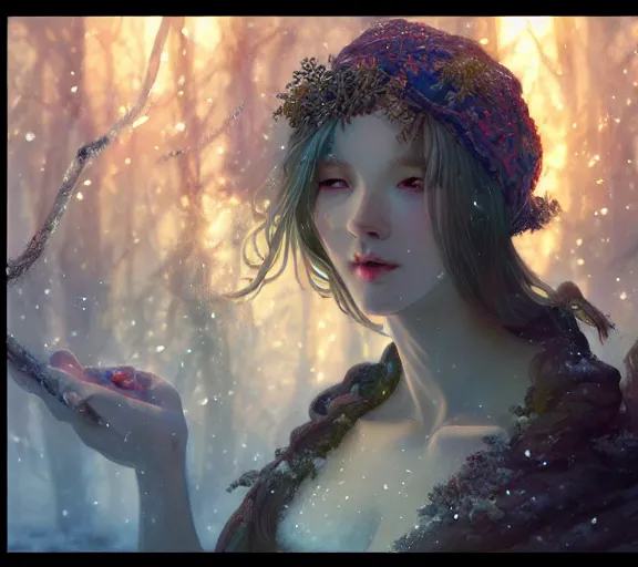 Image similar to beautiful ancient frost witch, fire in eye, snow glow, pool party, highly detailed, digital painting, artstation, sharp focus, illustration, art by tan zi and ayanamikodon and alphonse mucha and wlop