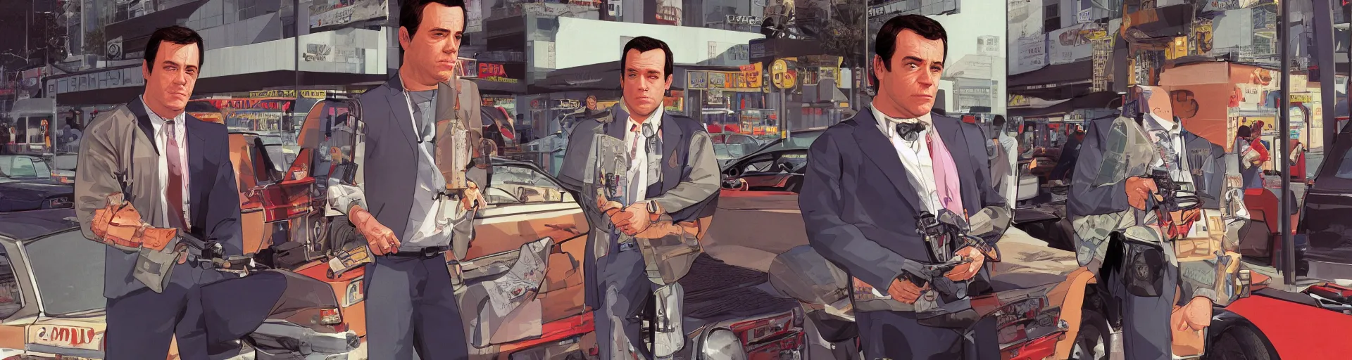 Image similar to GTA V illustration of 1980s Matthew Broderick on the cover of GTA V, outside of a 1980’s shopping mall