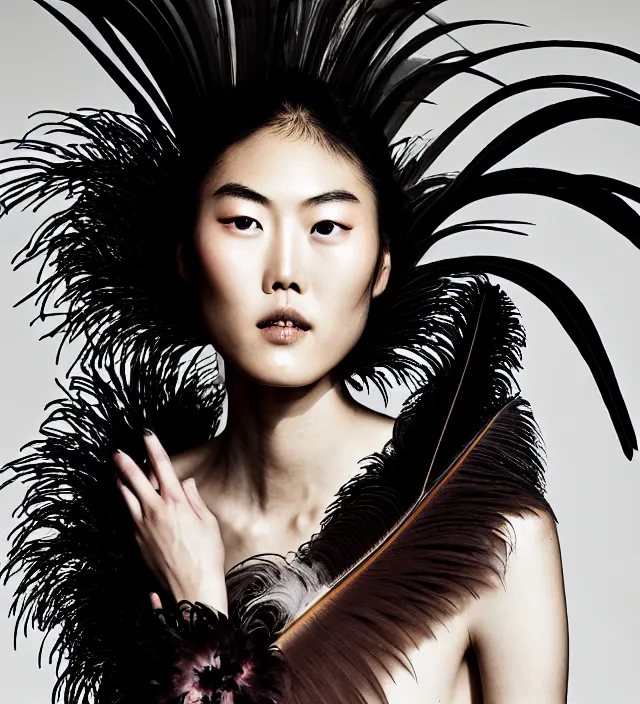 Prompt: photography american portrait of liu wen, natural background, sensual lighting, natural fragile pose, great _ hairstyle, wearing stunning dress with feathers by iris van herpen, with a colorfull makeup. highly detailed, skin grain detail, photography by paolo roversi, amano, nick knight, helmut newton, avedon, araki