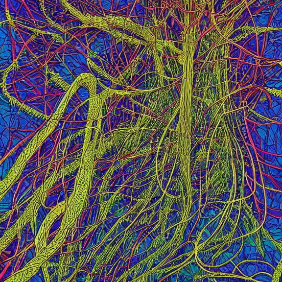 Image similar to poster of a jungle of artificial neural networks and neurons, neurons, highly detailed, in the style of Moebius, Jean Giraud