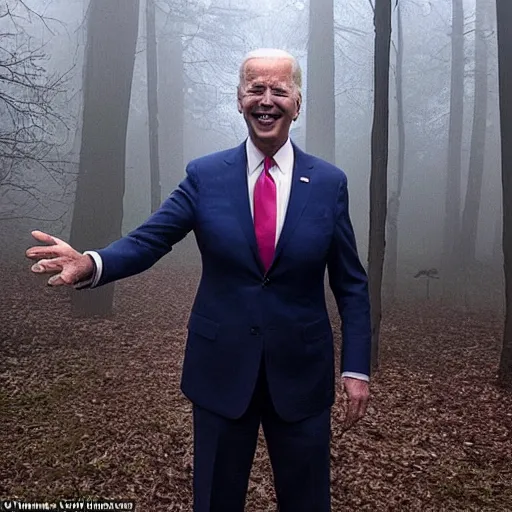 Image similar to joe biden with 4 arms standing ominously far in the foggy woods with a demonic wide smile in his face in the new horror movie, creepy