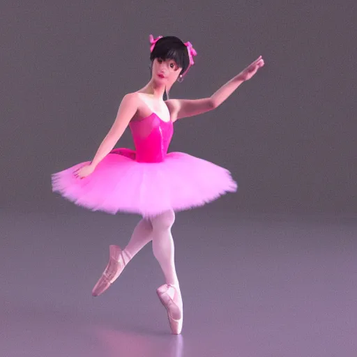 Image similar to 3 d jimin as a ballerina dancer wearing a pink skirt in a black themed stage, highly detailed, octane render