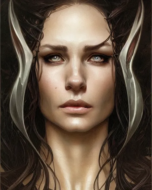 Image similar to portrait of an elven mage, dark, piercing eyes, gentle expression, elegant clothing, photorealistic, highly detailed, artstation, smooth, sharp focus, art by michael whelan, artgerm, greg rutkowski and alphonse mucha