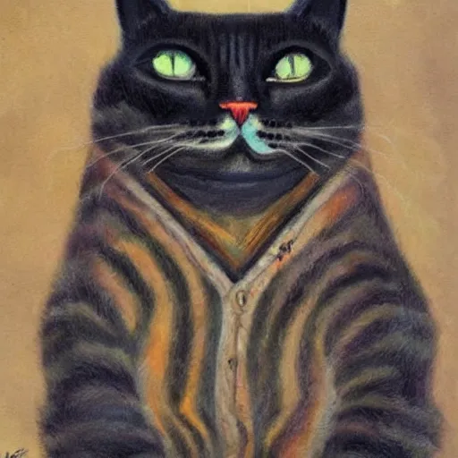 Prompt: portrait of a young disillusioned cat, drained of energy by the artistic struggle, by louis wain and johanna martine, trending on artstation
