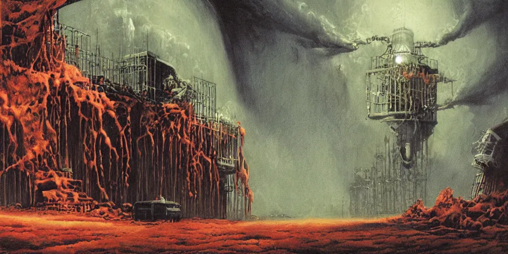 Prompt: Artwork by Les Edwards of the cinematic view of the Seventh Terrifying Prison.