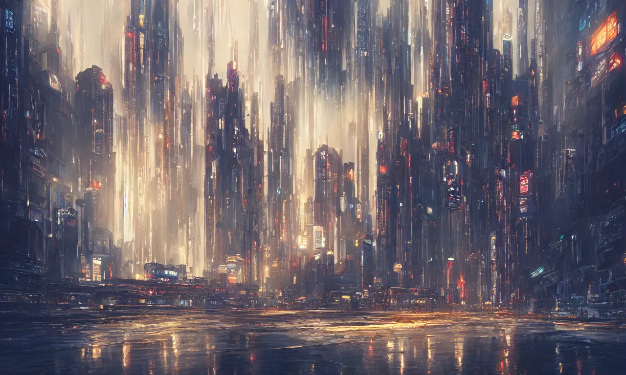 Image similar to an epic painting of the city gateway, oil on canvas, cold colors, perfect composition, golden ratio, beautiful detailed, photorealistic, digital painting, artstation, concept art, smooth, sharp focus, illustration, cyberpunk background, artstation trending, octane render, unreal engine
