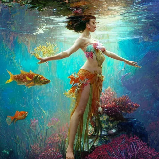 Prompt: portrait of a beautiful fairy woman, submerged underwater filled with colorful small fish and coral reef, fantasy, regal, intricate, by stanley artgerm lau, greg rutkowski, thomas kindkade, alphonse mucha, loish, norman rockwell