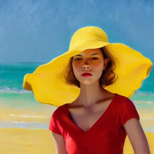 Image similar to beautiful oil matte portrait painting, young woman with red dress and mustard yellow summer hat at a beach on a sunny day, wonderful masterpiece highly detailed, beautiful cinematic light deep focus, elegant, digital painting, smooth, sharp focus, golden ratio, dramatic illumination, ultra realistic, 8 k, art by jenny saville