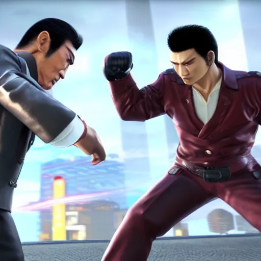 Image similar to Kazuma Kiryu from Yakuza and Senator Armstrong from Metal Gear Rising fights each other with their fists, highly detailed, photorealistic, cinematic lighting,