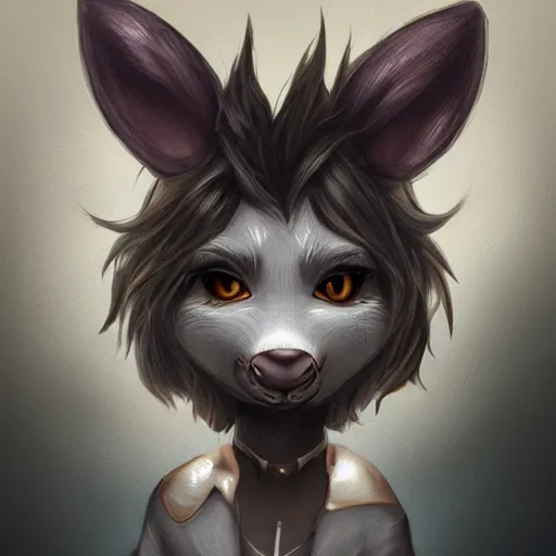 Image similar to headshot of young female furry, D&D, cute, fantasy, intricate, long hair, dark grey skin, mouse face, mouse nose, dark skin, mouse head, mouse ears, black hair, elegant, highly detailed, cartoony, artstation, concept art, smooth, sharp focus, illustration, art by Diives