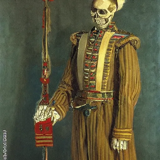 Image similar to A portrait of a skeleton in a Russian Tsar's uniform, painted by Valentin Alexandrovich Serov