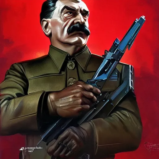 Image similar to joseph stalin as terminator, highly detailed, digital painting, artstation, concept art, matte, sharp focus, illustration, art by artgerm and greg rutkowski and alphonse mucha