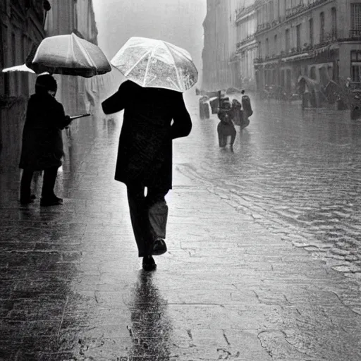 Image similar to the man leaping with an umbrella in a raining paris street, by henri cartier bresson,