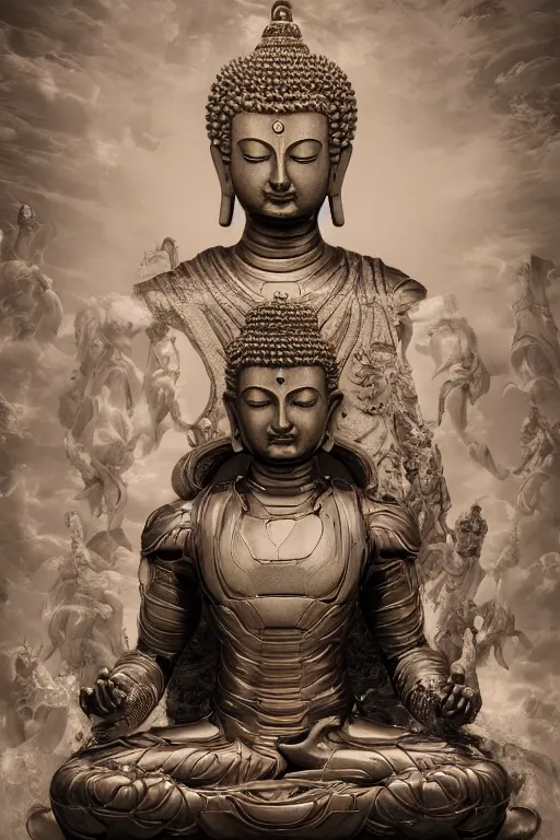 Image similar to digital masterpiece illustration concept art of porcelain statue of buddha gautama as iron man, varasana, lotus, padmasana, extremely detailed and intricate complexity, epic composition, magical atmosphere, cinematic lighting, wide long shot, trending on artstation, 8 k