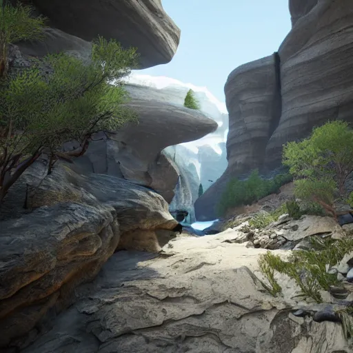 Prompt: pathway canyon in between mountains, unreal engine, high detail, realism, award winning, detailed lighting
