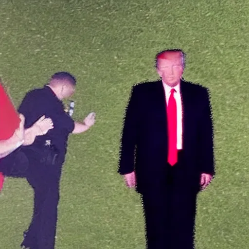 Prompt: Newscast still of Donald Trump being handcuffed and arrested at mar-a-lago