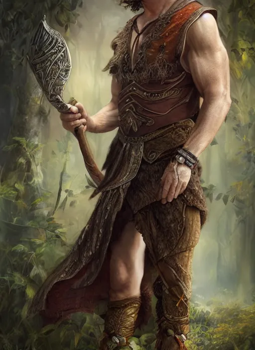 Image similar to a relaxed half elf middle aged druid in a sleeveless west, strong, full body, 8 k, hyperrealistic,, hyperdetailed, fantasy portrait by laura sava