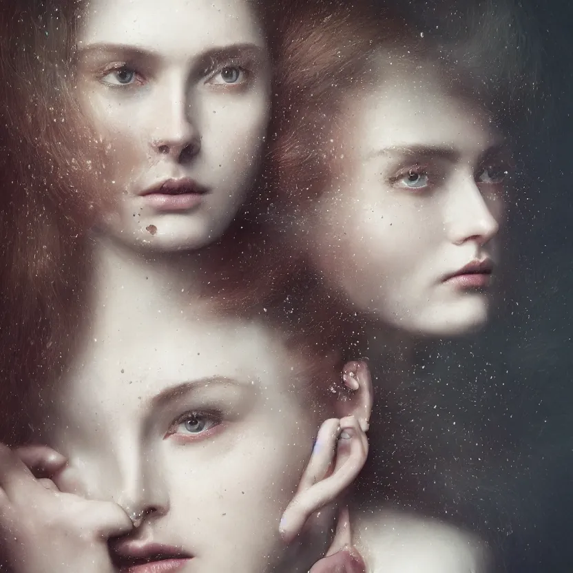 Image similar to stunning close up editorial portrait of a woman, symmetrical face, sci-fi skin, official prada editorial, beautiful pre-raphaelite portrait by charlie bowater, by Hendrik Kerstens, by Zhang Jingna, by norman rockwell, highly detailed