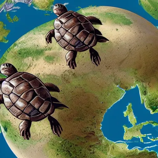 Image similar to a stack of turtles beneath a globe of the earth, earth globe on top