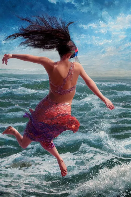 Image similar to a beautiful matte painting of acrylic nails jumping into the galveston bay, oil on canvas, intricate, portrait, 8k highly professionally detailed, HDR, CGsociety