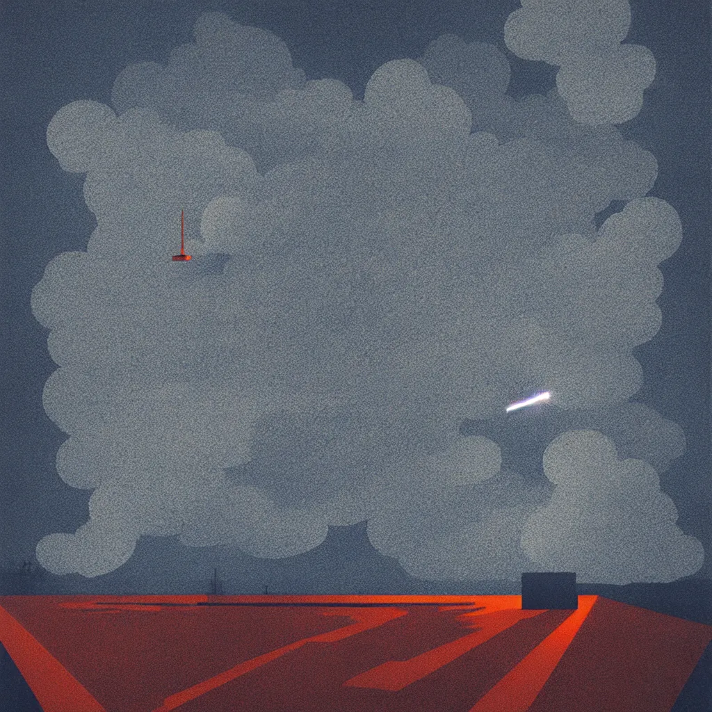 Prompt: rocket launch through clouds, mads berg, karolis strautniekas, film noir, stippled light, dramatic lighting, editorial illustration, detailed, fine texture, matte print, art deco, brutalism, dark blue + dark orange, red, black, ( ( habitat 6 7 background ) )