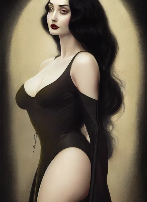 Image similar to ana de armas as morticia addams, masterpiece, intricate, elegant, highly detailed, digital painting, pinup, ethereal, atmospheric, artstation, concept art, smooth, sharp focus, illustration, art by artgerm and greg rutkowski gil elvgren and sachin teng, symmetry!!