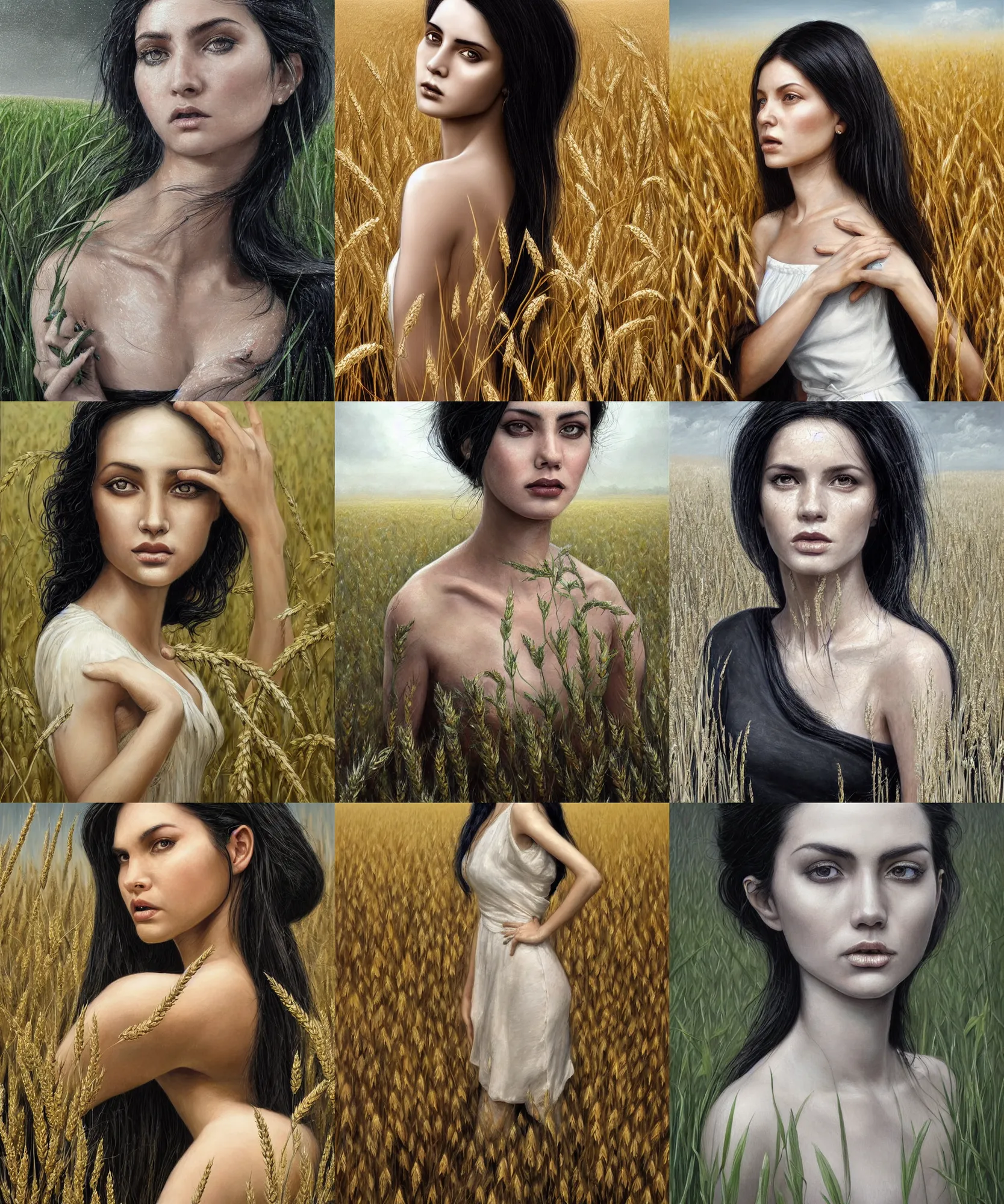Prompt: Hyper realistic detailed painting of a Paludnitsa! (in a lush wheat crop). Perfect face, black hair, beautiful!, white dress, menacing!, melancholic!!, dreamlike, highly detailed, sharp focus, digital painting, art by Eddie Mendoza, detailed and intricate environment, highly detailed, award winning art.
