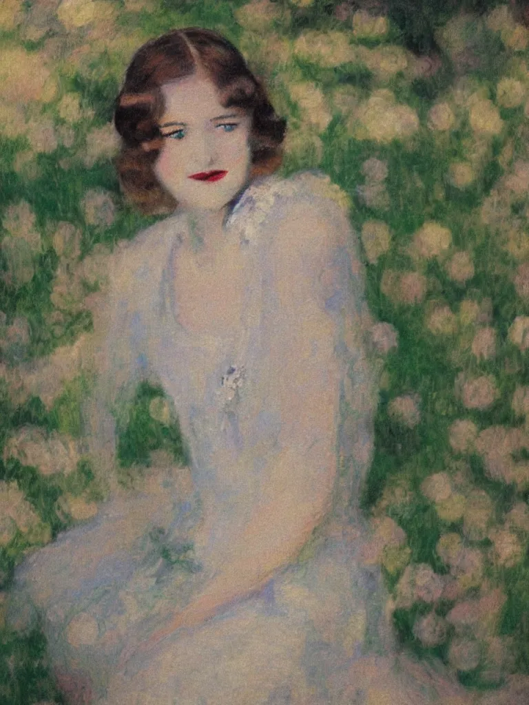 Image similar to portrait of < zelda fitzgerald > as a beautiful young lady wearing 1 9 2 0 s fashion, blurry face, brown hair, slim, fair, severe out of focus, depth of field, pleinairism, in the sun, backlit, closeup, oil on canvas, atr by monet, in the style of le promenade, smooth, impressionnisme, 8 k