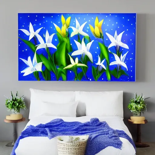 Image similar to a garden of starlight lillies, blue sky, detailed, photo-realistic