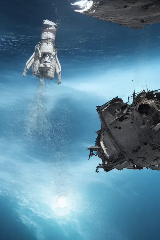 Image similar to a shallow ocean at the bottom of which is a spaceship, behind which is a 300-meter wave, and people in spacesuits are studying the wreckage of another ship, photorealistic