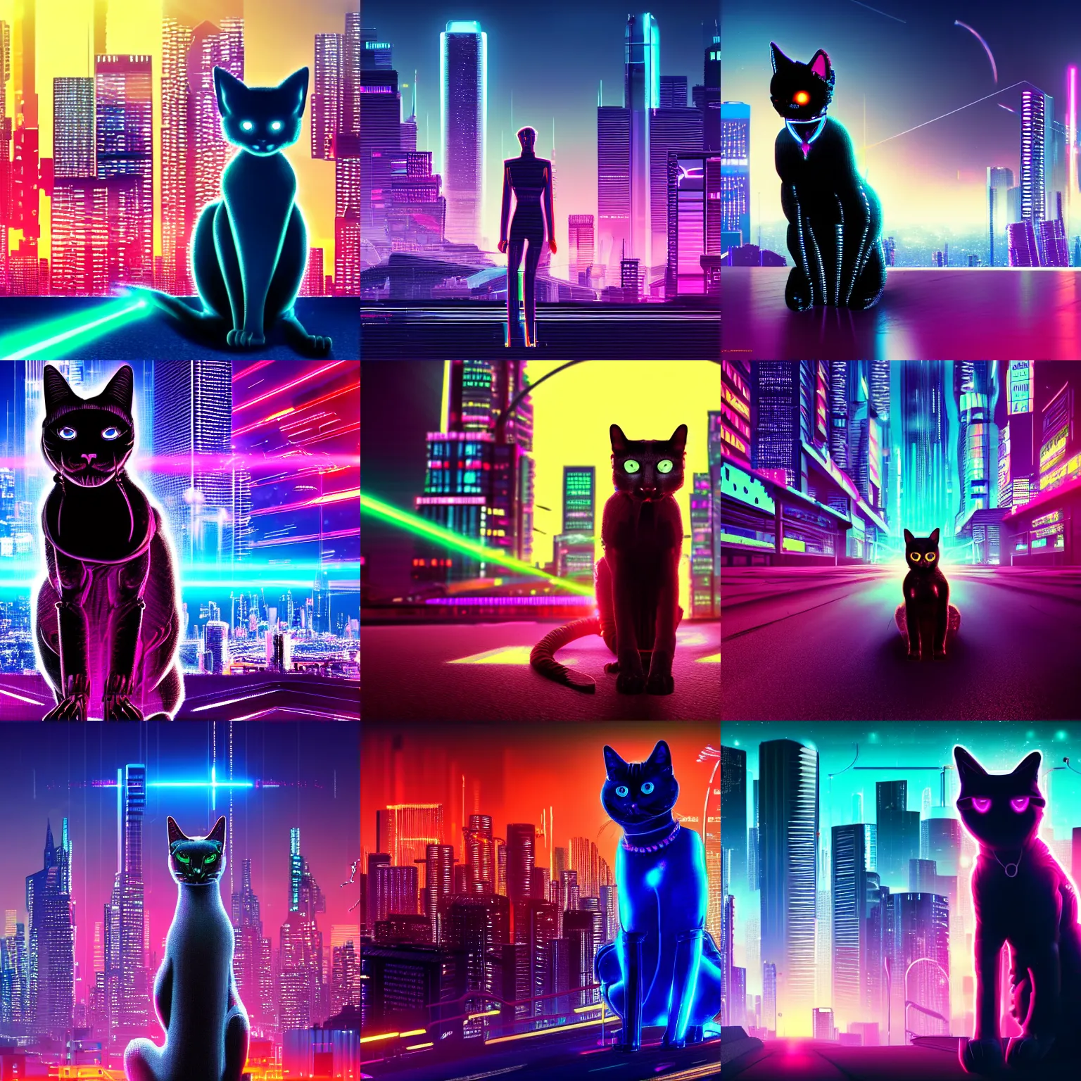 Prompt: Synthwave cat with cybernetic limbs and laser eyes in front of a cyberpunk cityscape. Cyberpunk, dark, 8k resolution .