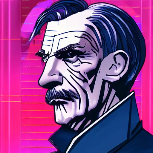 Image similar to cyberpunk neville chamberlain as the leader of a futuristic communist nation, cybernetics, sharp lines, digital, artstation, colored in