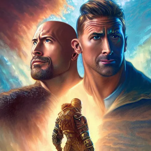 Image similar to Dwayne Johnson and Ryan Gosling Save the World, fantasy, intricate, elegant, highly detailed, digital painting, artstation, concept art, smooth, sharp focus, illustration, art by artgerm and greg rutkowski and alphonse mucha