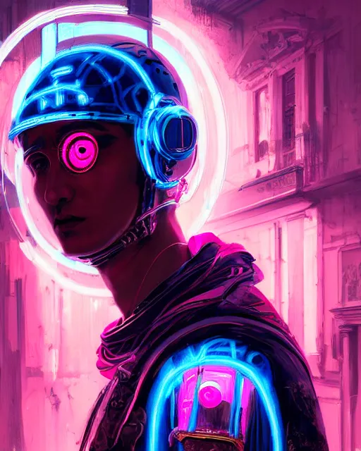 Prompt: detailed portrait Neon Emperor Caesar, cyberpunk futuristic neon, reflective pink and blue coats, decorated with traditional Rome ornaments, burning Rome behind by Ismail inceoglu dragan bibin hans thoma greg rutkowski Alexandros Pyromallis Nekro Rene Maritte Illustrated, Perfect face, fine details, realistic shaded, fine-face, pretty face