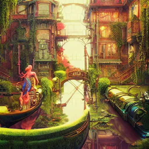 Prompt: canals steampunk mansion sacred octane render vibrant colors ornate nature photography by tim white, victo ngai, peter mohrbacher, andreas rocha, syd mead, wlop, m. c. escher, android jones