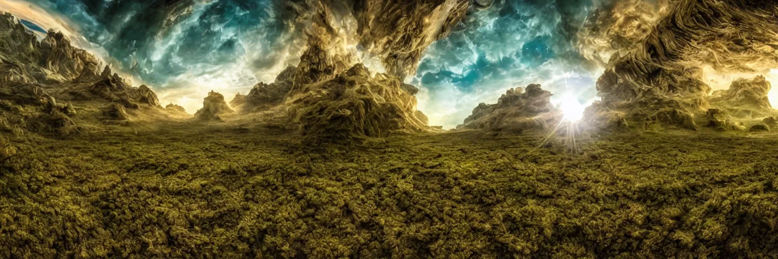 Prompt: Alien landscape, exoplanet, lush environment, strange fauna, wide angle, award winning photograph, 8k