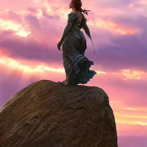 Image similar to an ultradetailed colossal magnificent mountain sized sculpture of an elegant woman, fine detail, sunrise on the horizon in the background, stone hand raised up, 8 k, art by greg rutkowski and alphonse mucha and andreas rocha and albert bierstadt