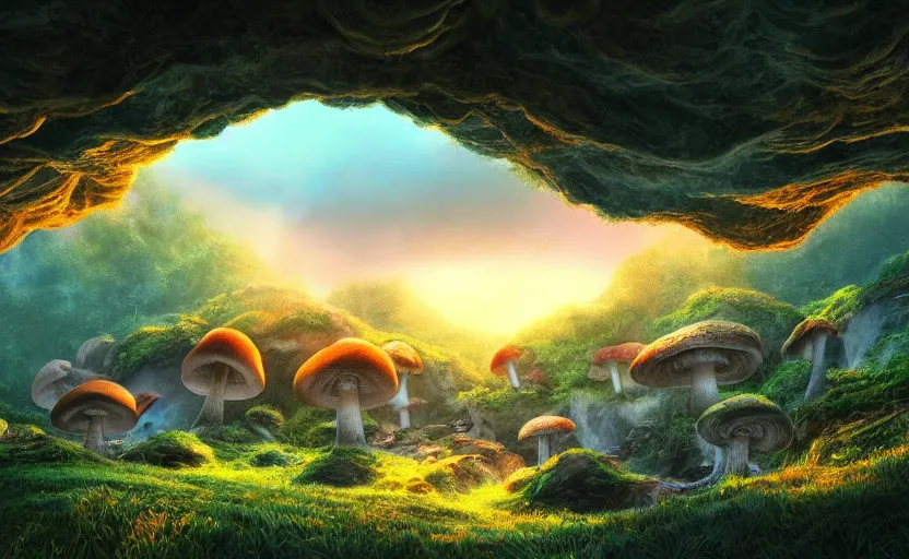 Prompt: a beautiful and stunning professional digital artwork of a humongous mushroom cave, mushroom houses, haze, waterfall, volumetric lighting, hyperrealistic, sunset, rtx on, ultra detail