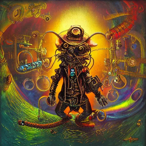 Image similar to steampunk rat, acid, 303, psychedelic, by paul lehr, cd cover