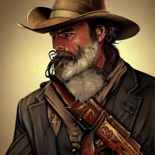 Prompt: very detailed vector art bearded gunslinger, painted fantasy character portrait, headshot, fantasy, highly detailed, digital painting, artstation, concept art, sharp focus, illustration, art by the golden age of American illustration archive, simon bisley and frank frazetta, artgerm and greg rutkowski and alphonse mucha