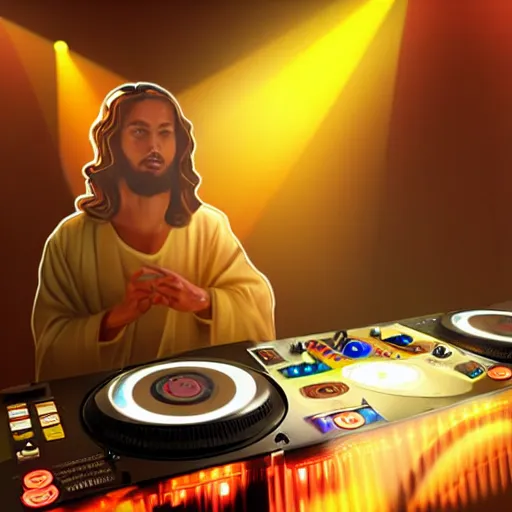 Prompt: jesus is a disk jockey in a london discotheque, photo realistic, mood lighting
