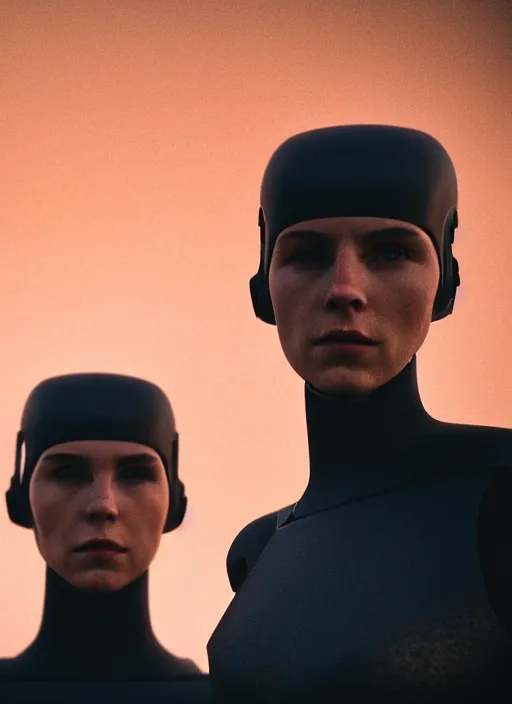 Image similar to cinestill 5 0 d photographic portrait of two loving female androids wearing rugged black techwear on a desolate plain with a brutalist monument and a red sky, extreme closeup, cyberpunk style, dust storm, 8 k, hd, high resolution, 3 5 mm, f / 3 2, ultra realistic faces, ex machina