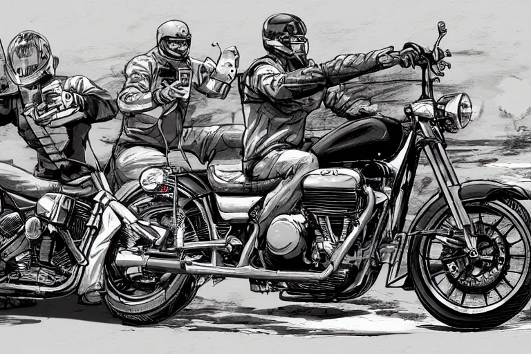 Prompt: motorcycles outside of bar roadside illustration by jack kirby artstation 4 k 8 k graphic novel concept art matte painting